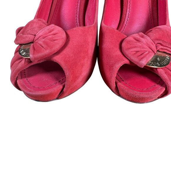 Louis Vuitton Red Suede Catania Peep Toe Platform Pumps Heels Size 38 - Picture 10 of 13